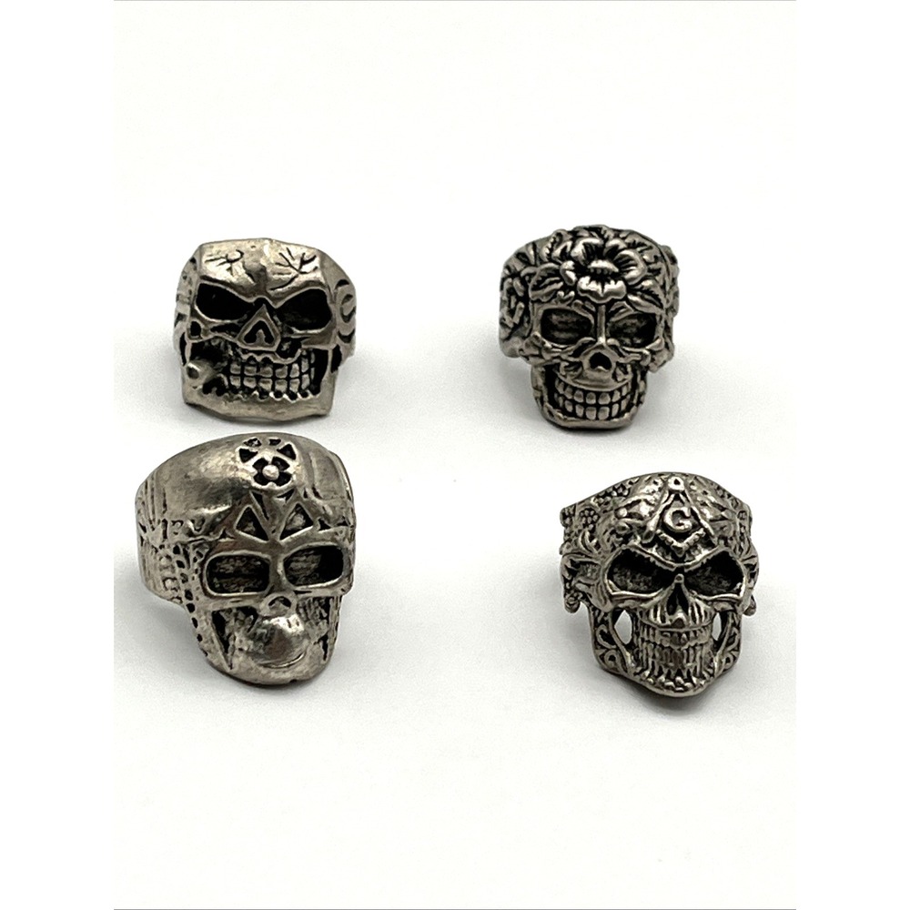 Lot of 4 Biker Skull Rings Silver Tone Gothic Sizes 8, 9, 10, 10.5
